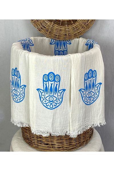 pamukidea Εκτύπωση χειρός σανίδας Blue Fatma - Virgin Mary Hand Muslin Peshtemal Χειροποίητη Buldan Cotton Peshtemal