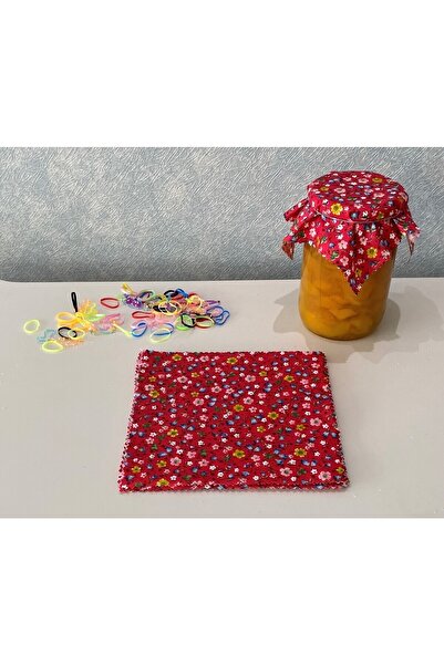 AdaEsintisi 50 Adet PÇiçekli Kırmızı Kavanoz Kapağı Kumaşı (Örtüsü) ve Renkli Bağlama Lastiği