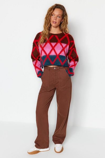 Trendyol Collection Brown Crop Super Wide Fit Soft Textured Knitwear Sweater TWOAW24KZ00218