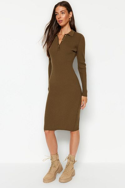 Trendyol Collection Khaki Midi kötöttáru póló nyakú ruha TWOAW24EL00029
