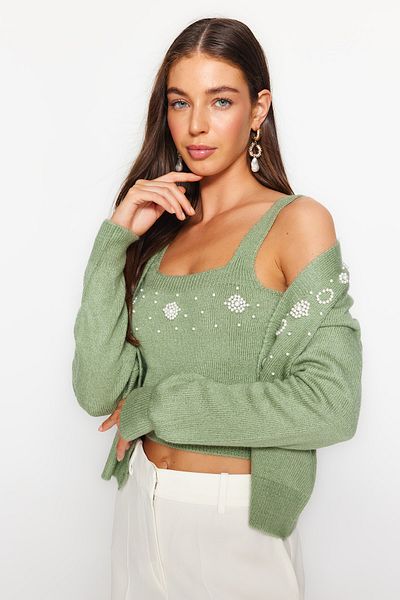 Trendyol Collection Green Soft Textured Pearl Detailed V-Neck Knitwear Cardigan TWOAW24HI00235