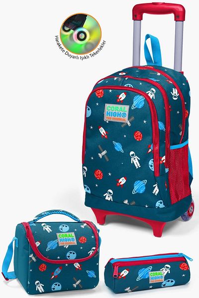 Coral High Set de genți din 3 piese pentru copii, roșu indigo, cu model spațial, cu racletă SET0123136