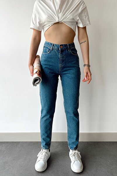 LİMABEL Blugi Mom Blue Lycra cu talie înaltă Blugi elastici