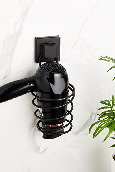 ORSA HOME 915 Kare Güçlü Macun Yapışkanlı Saç Kurutma Makine Askısı, Mat Siyah Fönlük