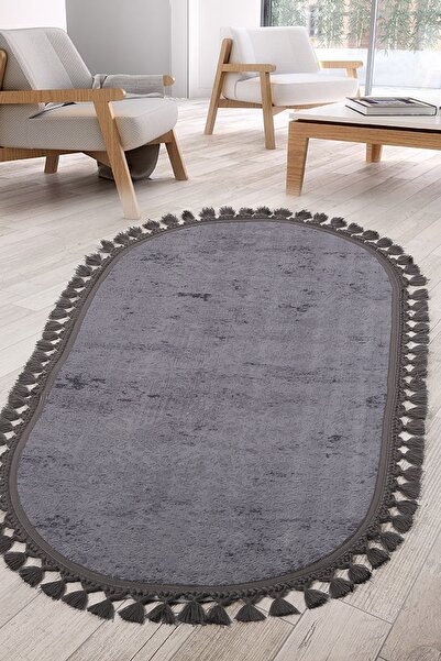 AVANTAJ Nova Antrasit Leke Tutmaz Yıkanabilir Kaymaz Saçaklı Oval Püsküllü Halı