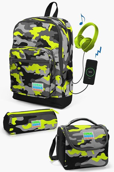 Coral High Комплект детска ученическа чанта от 3 части с черен сив камуфлаж и USB SET0123291