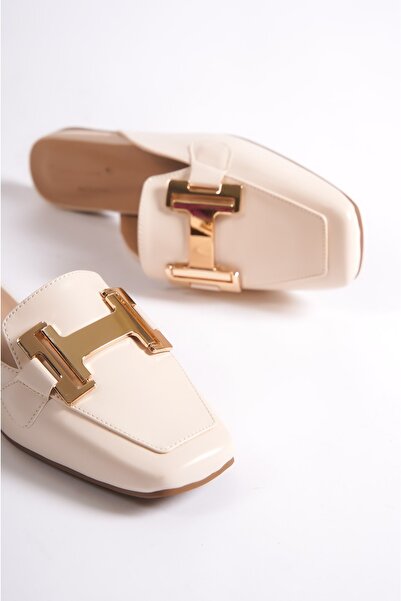 Capone Outfitters Capone Blunt Toe Ecru Beige női papucs fém kiegészítőkkel