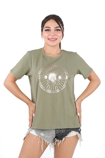 DİVİSTA Γυναικείο μπλουζάκι με στρογγυλή λαιμόκοψη με στάμπα χακί