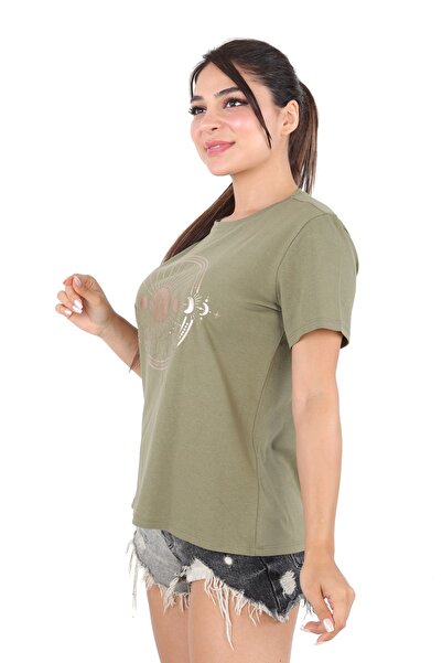 DİVİSTA Γυναικείο μπλουζάκι με στρογγυλή λαιμόκοψη με στάμπα χακί