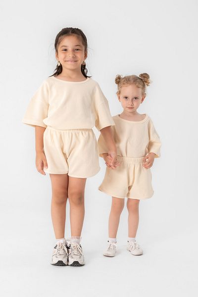 Hally & Son Ecru Girl's Short Sleeve Cotton Shorts Set