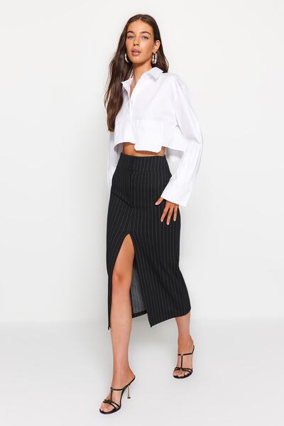 Trendyol Collection Black Striped Slit Detailed High Waist Maxi Knitted Skirt TWOSS23ET00376