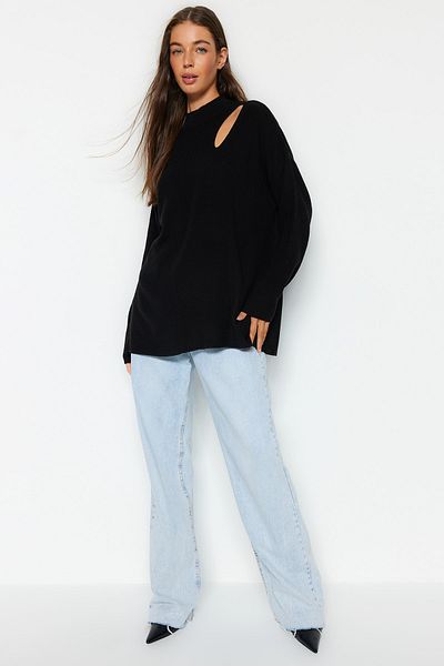 Trendyol Collection Pulover de tricotaje negru cu croiala largă pentru fereastră/decupaj TWOAW24KZ00342