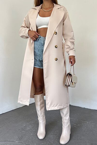 LE CARAMBOLE Kadın Bej Kruvaze Yaka Düğmeli Astarsız Trençkot