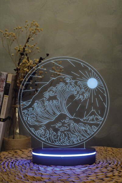 Genel Markalar 3D Dalga ve Güneş gece lambası, 16 renkli dekoratif ışık, şık ...