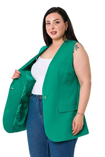 DISENTIS MODEST Large Size Single Button Green Lined Vest with Ornamental Pocket Cover