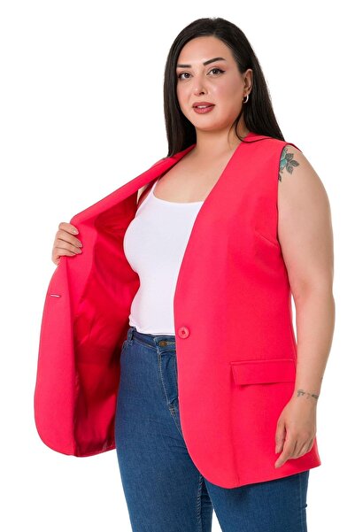 DISENTIS MODEST Large Size Single Button Coral Lined Vest with Ornamental Pocket Cover