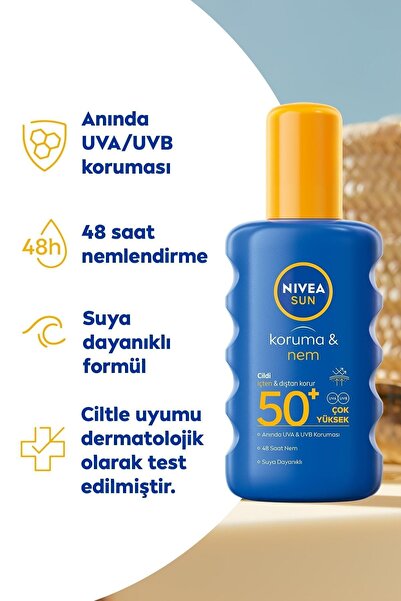 NIVEA Sun SPF 50+ Koruma & 48 Saat Nemlendirme Güneş Kremi 200 ml Sprey,Çok Yüksek Güneş Koruyucu
