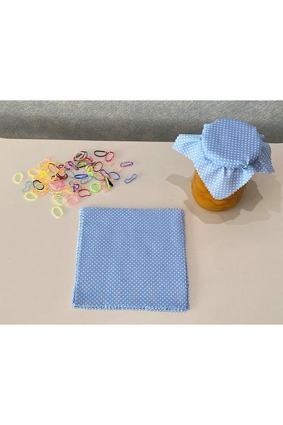 AdaEsintisi 50 Pieces of Polka Dot Light Blue Jar Lid Fabric (Cover) and Colored Binding Rubber