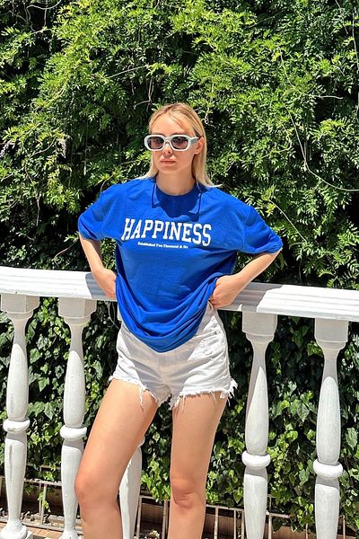 Swist Tricou de damă supradimensionat cu imprimeu Blue Happiness