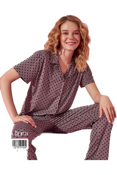 Mihra Stil Set pijama cu buline cu nasturi în față pentru damă
