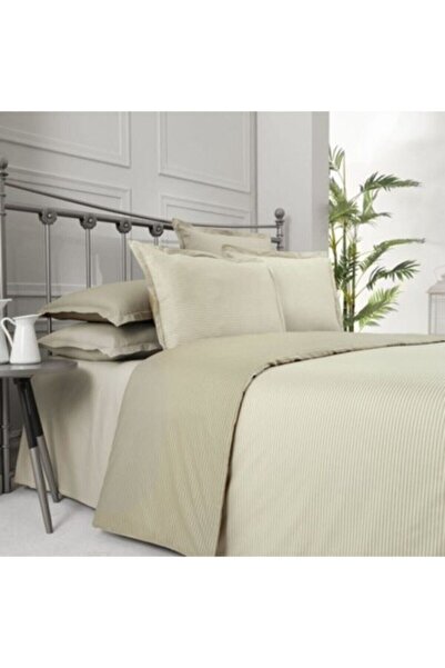 Sarev طقم غطاء لحاف مزدوج من القطن مخطط فاخر باللون البيج V1