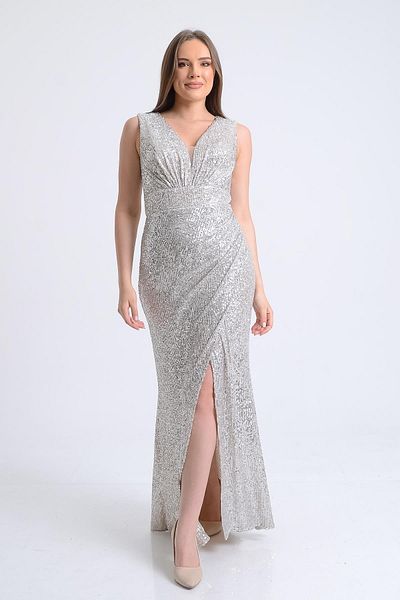 SpringStore Rochie de seara cu paiete cu fanta bej