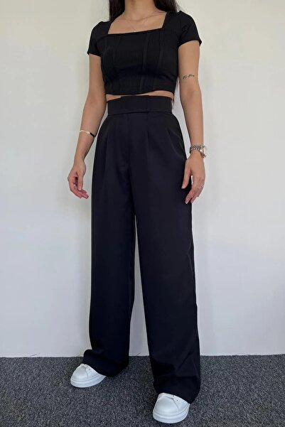 h istanbul şekil Kadın siyah Yüksk Bel Cırtlı Peleli Palazzo Pantolon