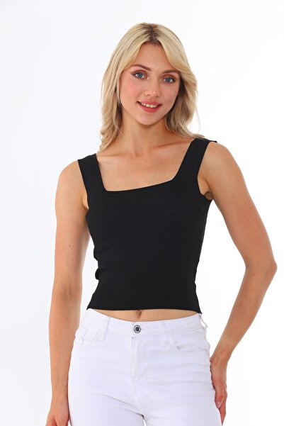 Arvin Women's Black Sleeveless Blouse Thick Strap Athlete Slim Summer Square Collar Knitwear Crop Top