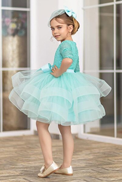 Riccotarz Dívčí sukně s polovičním rukávem s nadýchaným tutu a tyrkysovými večerními šaty s flitry