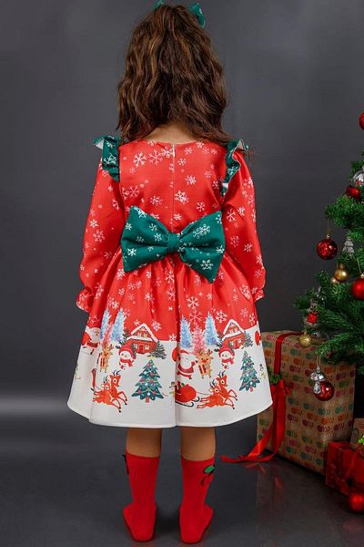 Riccotarz Girl's Snowflake Patterned Red Christmas Printed Dress with Frilly Sleeves