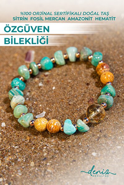 Deniz Doğal Taş Sertifikalı Doğal Taşlı Özgüven Bilekliği, Sitrin, Amazonit, ...