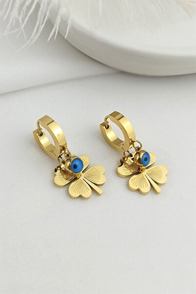 stainless steell Yonca Model Nazar Boncuklu Çelik Antialerjik Küpe