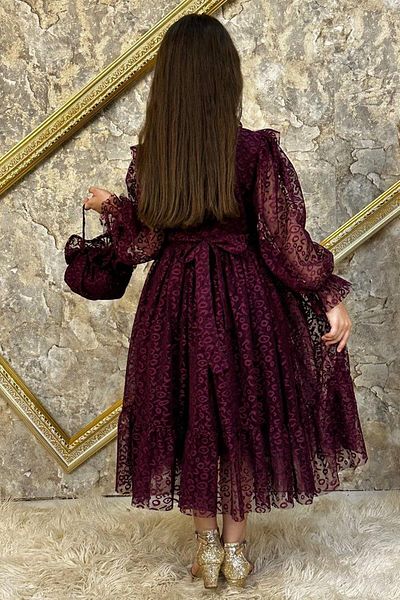 Riccotarz Girl's Frilly Collar Transparent Detailed Patterned Purple Dress 6-9 years old