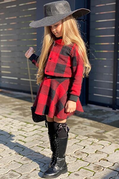 Riccotarz Girl's Hat and Square Patterned Red Skirt Suit Age 3-12