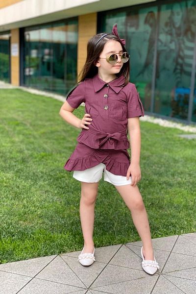 Riccotarz Girl's Belted Purple Tunic with Button Detail and Ruffled Skirt