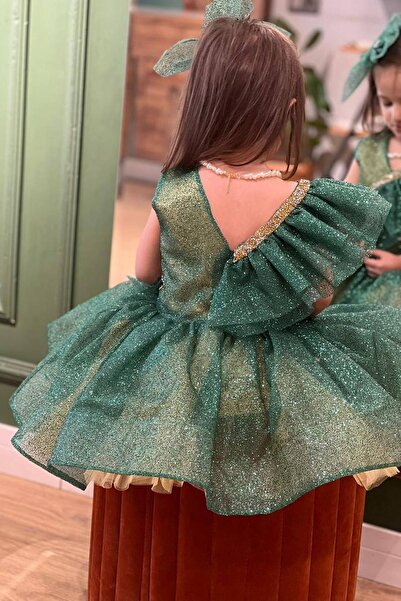 Riccotarz Girl's Frill Detailed Stone Embroidered Glitter Water Green Evening Dress Age 3-11