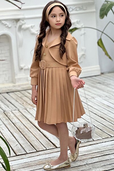 Riccotarz Girl's Blazer Jacket V-Neck Buttoned Pleated Brown Dress Age 5-12