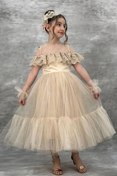 Riccotarz Girl's Beige Evening Dress with Transparent Collar, Off-the-Shoulder, Guipure Embroidered Chest and Sleeves