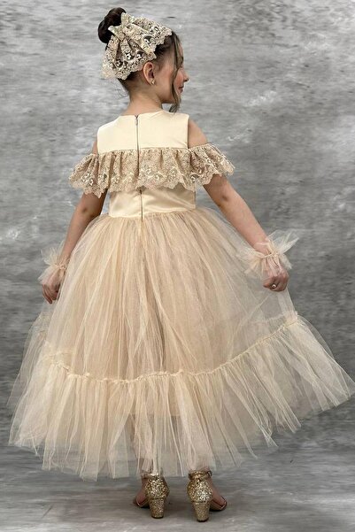 Riccotarz Girl's Beige Evening Dress with Transparent Collar, Off-the-Shoulder, Guipure Embroidered Chest and Sleeves