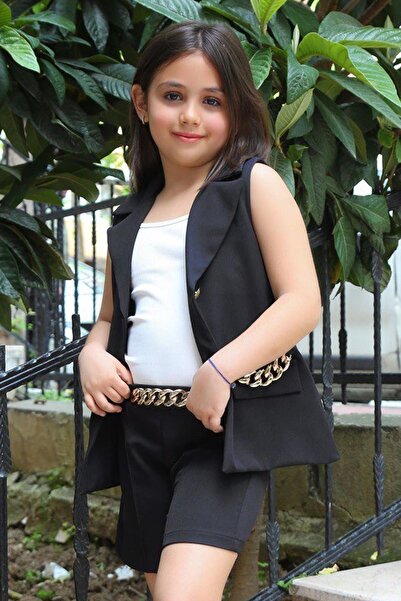 Riccotarz Girl's Chain and Button Detailed Fake Pocket Black Shorts Suit