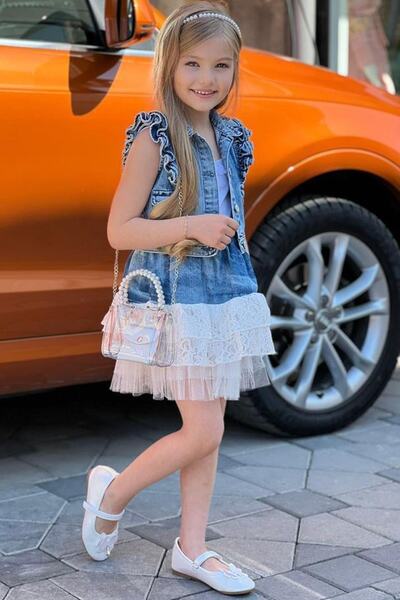 Riccotarz Girl's Frilly Shoulder Double Pocket Guipure Embroidered Light Blue Skirt Suit