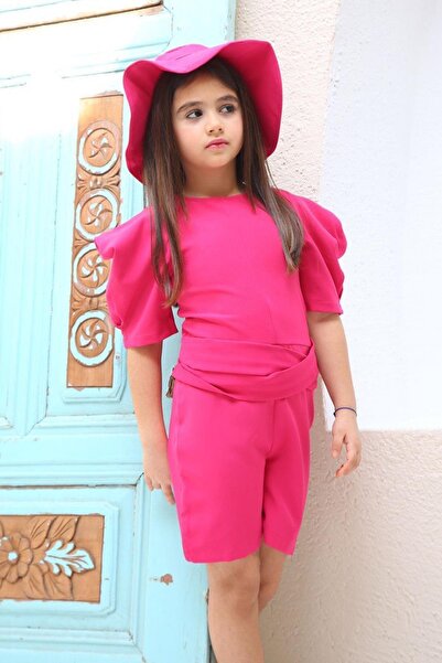 Riccotarz Girl's Half Sleeve Fuchsia Jumpsuit with Belt Detail and Hat