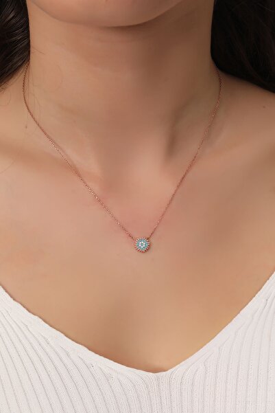 Bilsen Store 925 Ayar Gümüş Zincirli Rose Kaplama Firuze Beyaz Zirkon Taşlı G...