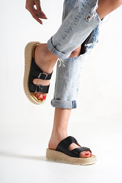 Modabuymus Marta Papuci de zi cu zi cu dublu bandă din piele naturală cu talpă groasă