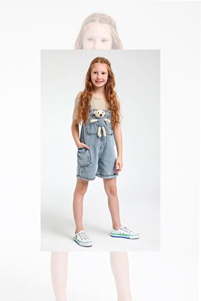 Riccotarz Girl's Teddy Bear Pocket Detailed Strappy Denim Jumpsuit