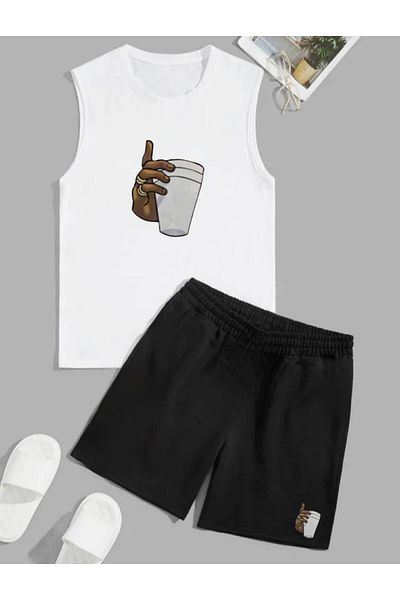 Serays moda Coffee cup printed zero sleeve girl boy shorts set