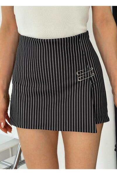 NARKISS ÇENGELLİ İĞNE DETAYLI ÇİZGİLİ ŞORT ETEK