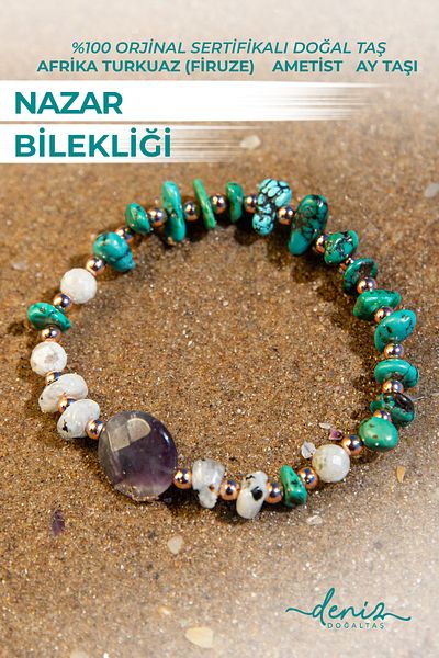Deniz Doğal Taş Natural Stone Certified Evil Eye and Belt Eye Bracelet - Turquoise, Amethyst, Moonstone, Hematite