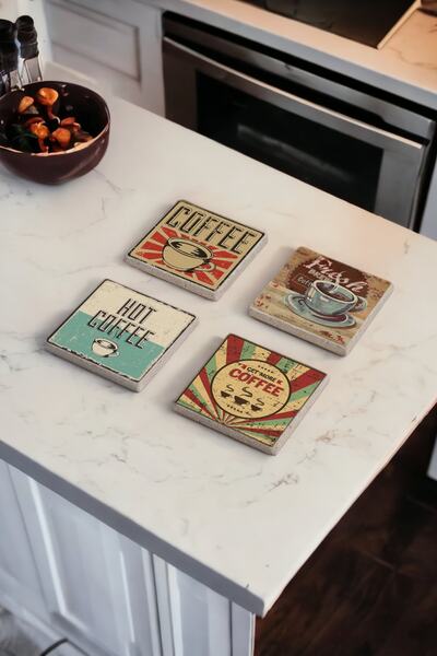 Baumatelier Retro Coffee Time Themed Natural Stone Travertine Coasters Set of 4