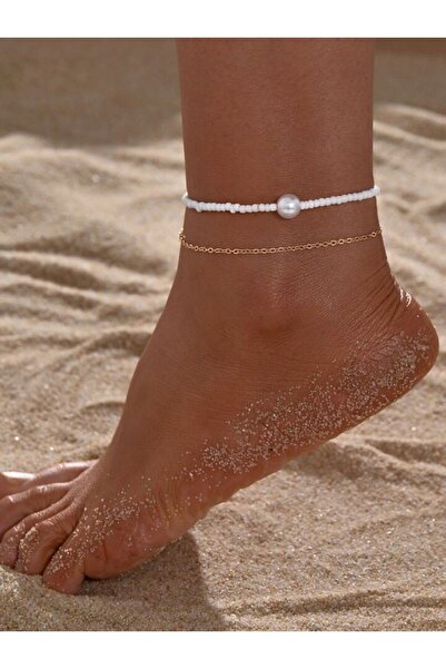 muptejewelry Mupten Women's White Beaded Pearl Detailed Chain Anklet